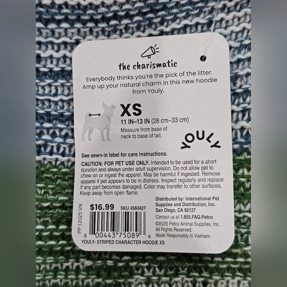 Striped Knit Pet Hoodie with Ears, Size XS, New